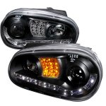 2002 VW Golf Black Projector Headlights with Amber LED Daytime Running Lights
