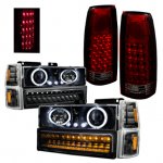 Chevy Suburban 1994-1999 Black Halo Headlights LED DRL and Tail Lights LED Red Smoked