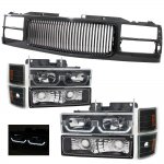 1998 GMC Sierra 2500 Black Front Grill and LED DRL Headlights Set