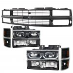 Chevy 2500 Pickup 1994-1998 Black Grille and LED DRL Headlights Set