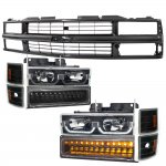 Chevy 1500 Pickup 1994-1998 Black Replacement Grille and LED DRL Headlights Bumper Lights