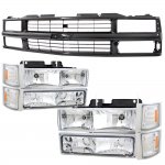 Chevy 3500 Pickup 1994-1998 Black Grille and Clear Headlights Set