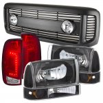 Ford F250 Super Duty 1999-2004 Black Grille Headlights Set and Custom LED Tail Lights Red Clear