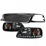 Ford Expedition 1999-2002 Black Vertical Grille LED DRL Headlights Black Smoked