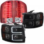 Chevy Silverado 3500HD 2007-2014 Black Smoked DRL Projector Headlights and Red LED Tail Lights