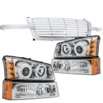 Chevy Silverado 1500HD 2003-2006 Chrome Billet Grille Halo Projector Headlights and Bumper Lights Set