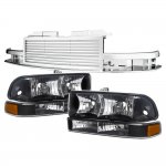 1998 Chevy S10 Pickup Chrome Billet Grille and Black Euro Headlights Set