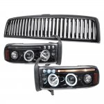 Dodge Ram 2500 1994-2002 Black Vertical Grille Smoked LED Eyebrow Projector Headlights with Halo