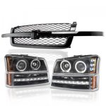 Chevy Silverado 1500HD 2003-2004 Black Grille and Halo Projector Headlights LED DRL Bumper Lights