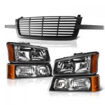 Chevy Silverado 1500HD 2003-2004 Black Front Grill and Headlights Set