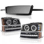 Chevy Silverado 1500HD 2003-2004 Black Mesh Grille and Halo Projector Headlights LED DRL Bumper Lights