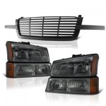 Chevy Silverado 1500HD 2003-2004 Black Front Grill and Smoked Headlights Set
