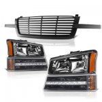Chevy Silverado 1500HD 2003-2004 Black Front Grill and Headlights LED Bumper Lights