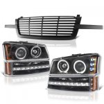 Chevy Avalanche 2003-2006 Black Grill and Halo Projector Headlights LED Bumper Lights