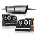 Chevy Silverado 2500 2003-2004 Black Front Grille and Projector Headlights LED Bumper Lights