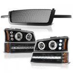 Chevy Avalanche 2003-2006 Black Mesh Grille and Projector Headlights LED DRL Bumper Lights