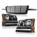 Chevy Silverado 1500HD 2003-2004 Black Front Grille and Halo Headlights LED DRL Bumper Lights