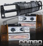 Chevy Blazer Full Size 1994 Black Grille and Clear Projector Headlights Set