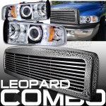 Dodge Ram 1994-2001 Billet Grille and Clear Halo Projector Headlights Set