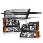 Chevy Avalanche 2003-2006 Black Gray Grille and Headlights Set