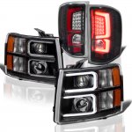 2007 Chevy Silverado 3500HD Black Custom DRL Projector Headlights LED Tail Lights Red Tube