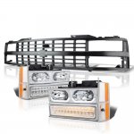 Chevy 2500 Pickup 1988-1993 Black Grille LED DRL Clear Headlights Bumper Lights