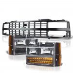 Chevy 3500 Pickup 1988-1993 Black Grille Headlights LED Bumper Lights