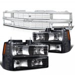 Chevy 3500 Pickup 1994-1998 Chrome Grille and Black Headlights Set