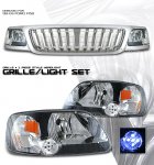 2002 Ford F150 Chrome Vertical Grille and Black Euro Headlights Set