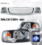 2002 Ford F150 Chrome Mesh Grille and Black Euro Headlights Set