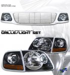 2002 Ford F150 Chrome Billet Grille and Depo Black Headlights Set