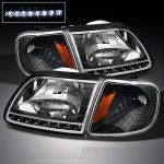 Ford Expedition 1997-2002 Black Euro Headlights with LED and Corner Lights Set
