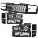 1994 Chevy Blazer Full Size Black Front Grill and Halo Projector Headlights Set