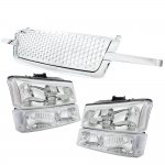 Chevy Silverado 1500HD 2003-2004 Chrome Punch Grille and Clear Headlights Bumper Lights