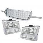 2004 Chevy Silverado 1500HD Chrome Mesh Grille and Clear Headlights Set