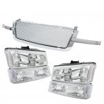 2003 Chevy Silverado 2500HD Chrome Mesh Grille and Clear Headlights Set