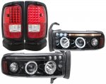 1994 Dodge Ram Black Tinted Halo Projector Headlights and LED Tail Lights Red Clear