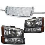 2003 Chevy Silverado 2500HD Chrome Mesh Grille and Black Headlights Set