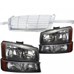 Chevy Silverado 1500HD 2003-2004 Chrome Billet Grille and Black Headlights Set