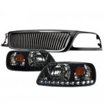 2002 Ford F150 Black Vertical Grille LED DRL Headlights Black Smoked