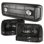 2000 Ford Excursion Black Grille Lights Smoked Headlights Set