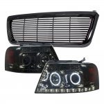 2004 Ford F150 Black Billet Grille and Smoked Projector Headlights Halo LED DRL