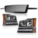 Chevy Silverado 3500 2003-2004 Black Mesh Grille and Headlights LED DRL Bumper Lights