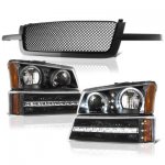 Chevy Silverado 3500 2003-2004 Black Mesh Grille and Halo Headlights LED DRL Bumper Lights