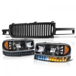 1999 GMC Sierra 2500 Black Vertical Grille and Headlights LED DRL Bumper Lights