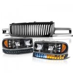 2004 GMC Sierra 2500 Black Vertical Grille and Headlights LED DRL Bumper Lights