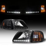1997 Ford F150 Black Euro Headlights and LED Corner Lights Set