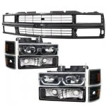 Chevy 3500 Pickup 1988-1993 Black Grille and LED DRL Headlights Set