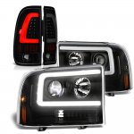 Ford F550 Super Duty 1999-2004 Black DRL Projector Headlights Tinted LED Tail Lights