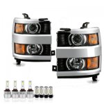 Chevy Silverado 3500HD 2015-2019 Black LED Headlight Bulbs Set Complete Kit Chrome Bezels